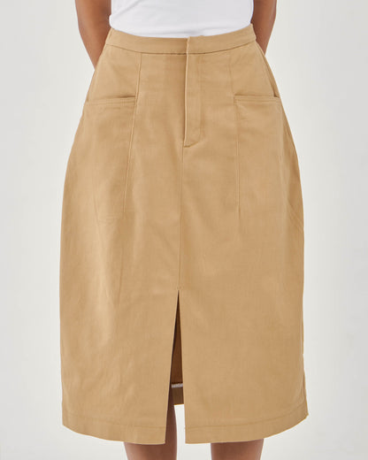 <tc>Khaki curved shape skirt</tc>